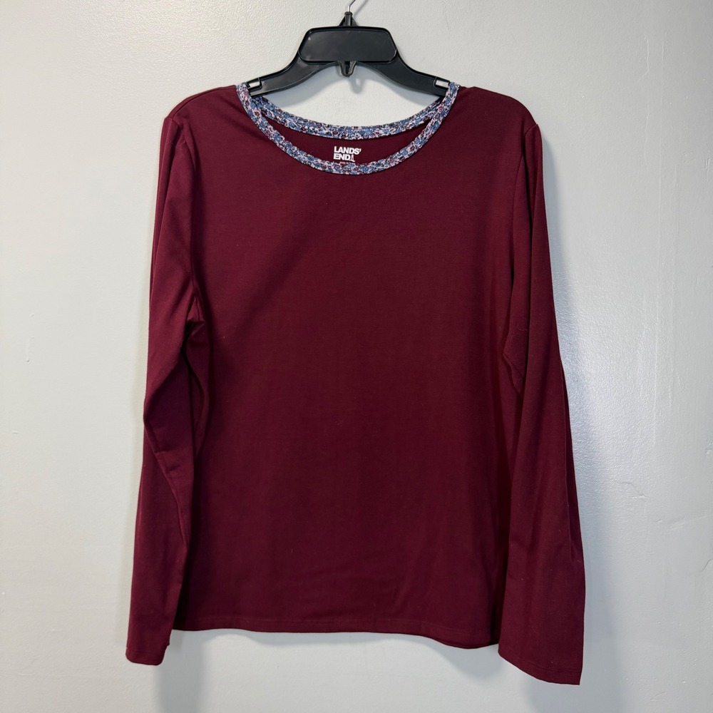 Lands End Womens Large Burgundy Long Sleeve Pajama Top Floral Trim